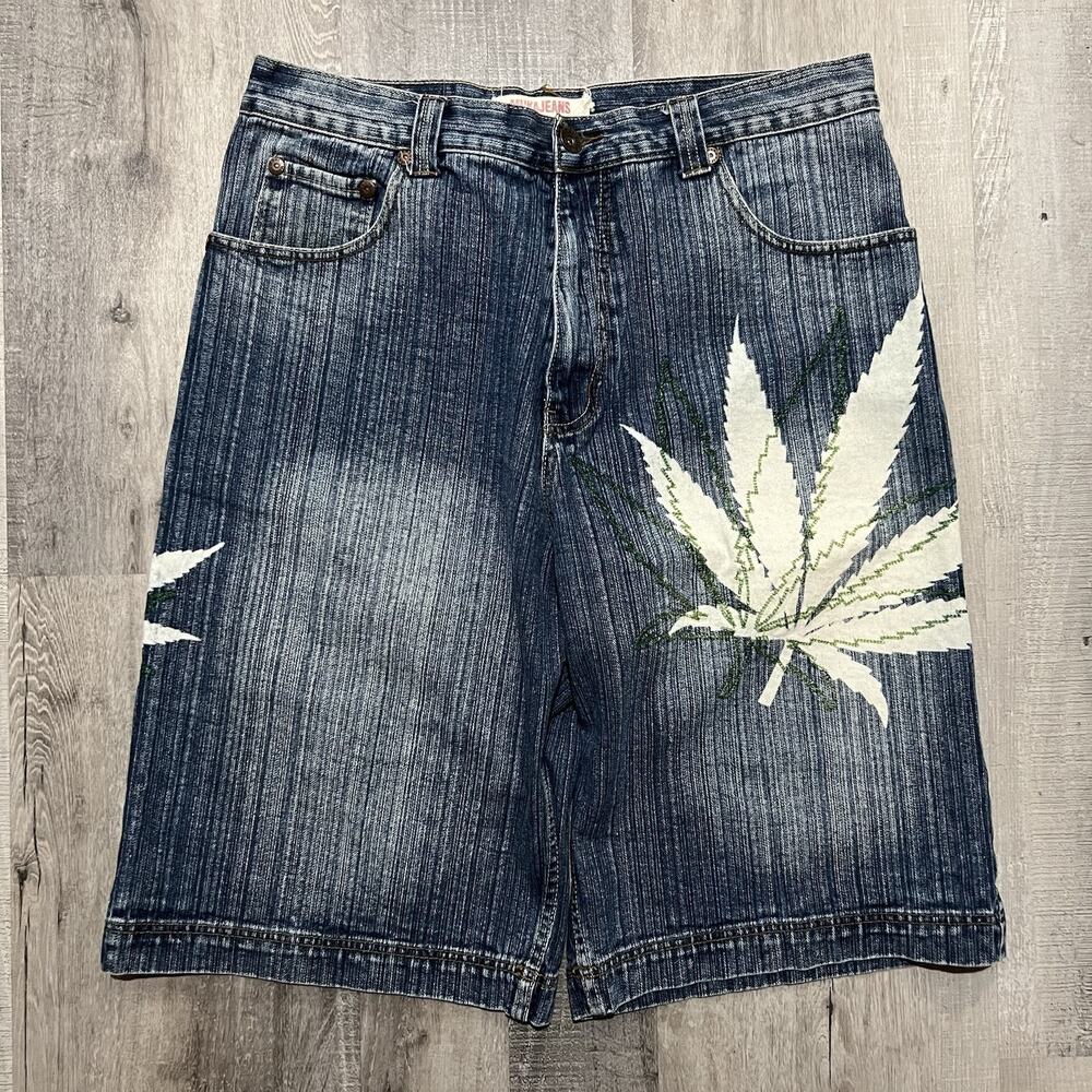 VTG Muka Jean Shorts Blue Embroidered Marijuana Leaf Baggy Skate Y2K Jorts 38